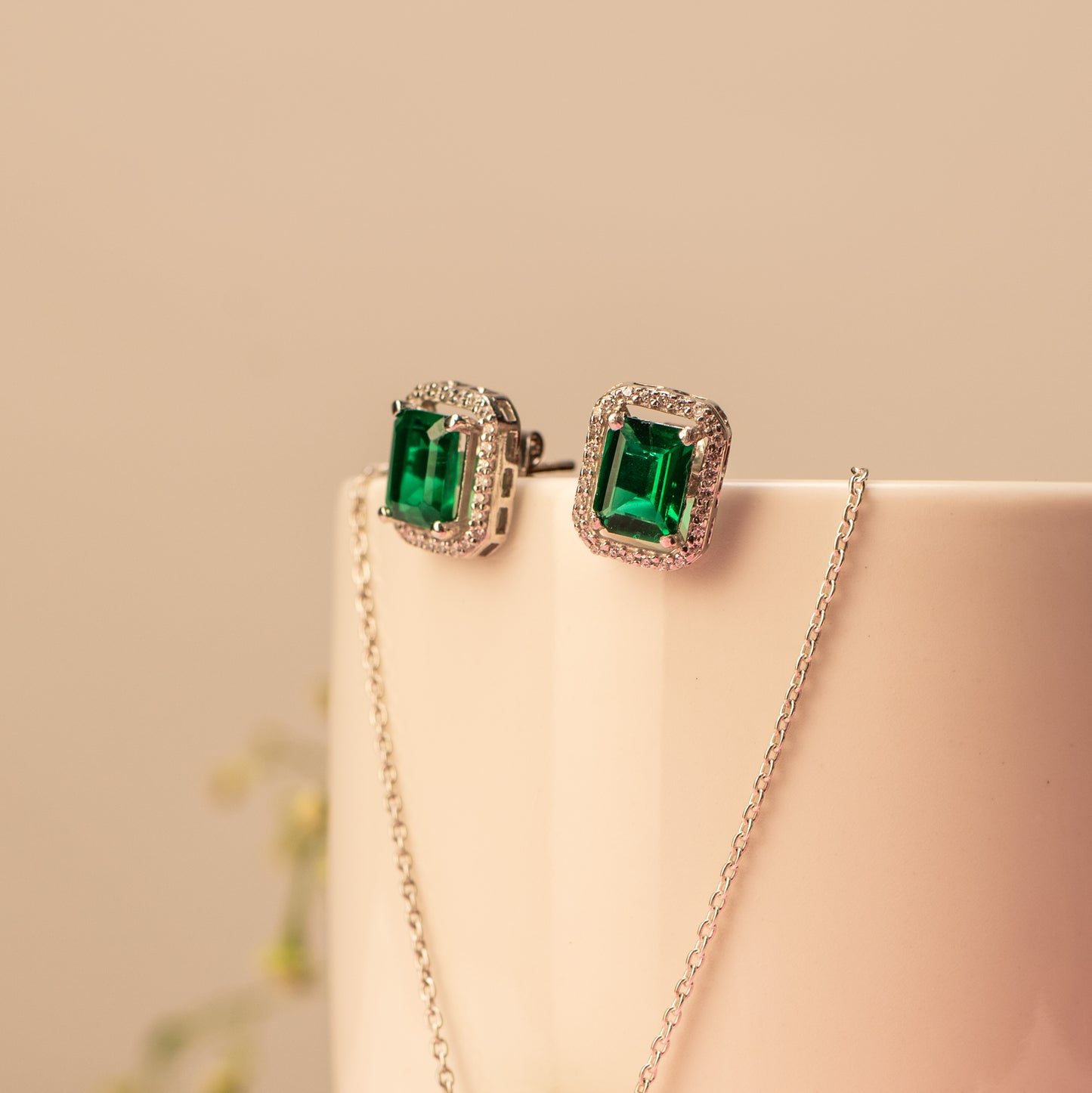 Emerald Stud Earrings - 925 Silver