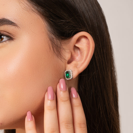 Emerald Stud Earrings - 925 Silver