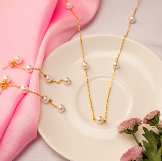 Jewellery Set: Pearl Galaxy Necklace & Dangler Earrings - 925 Silver